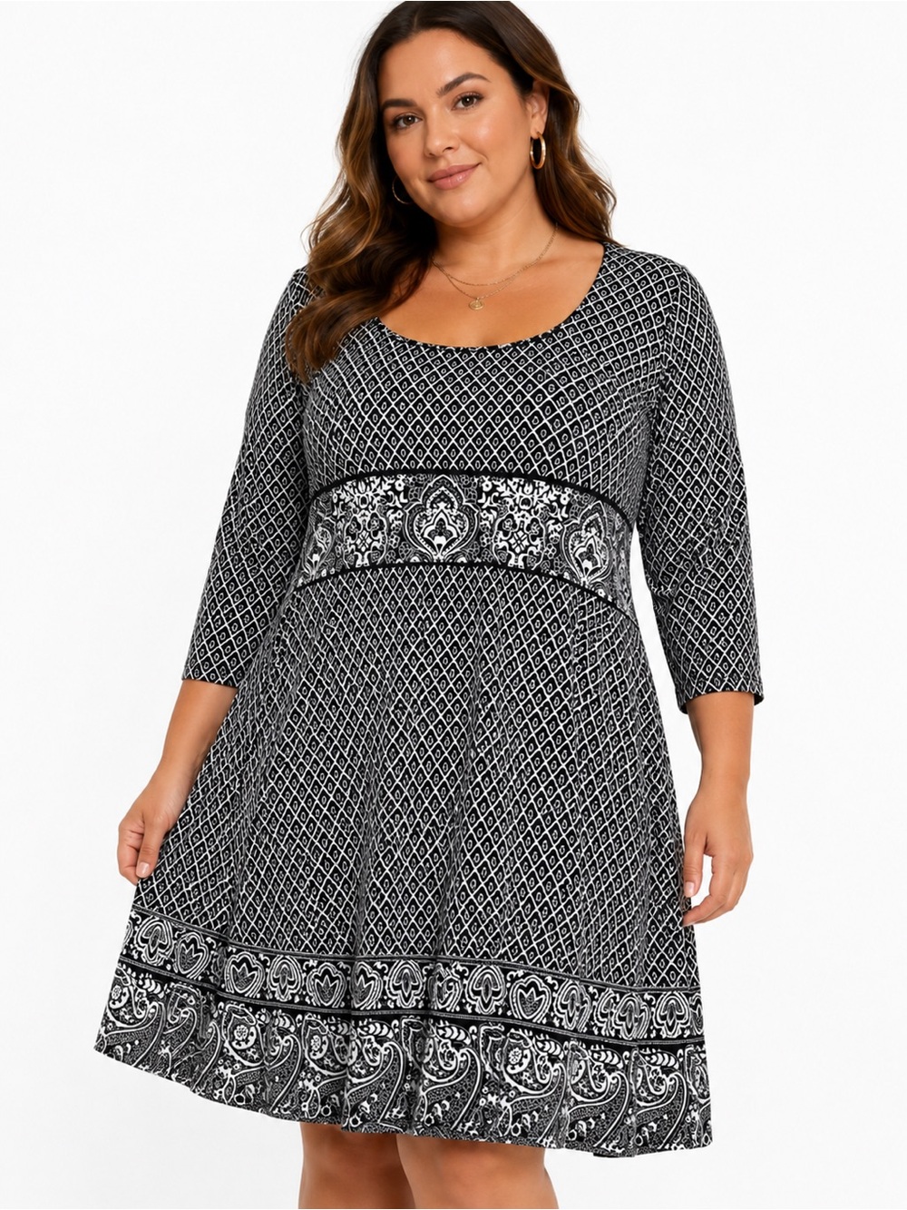 Spense Black & White Printed Dress Size 12 | 3/4 Sleeve Midi Dress